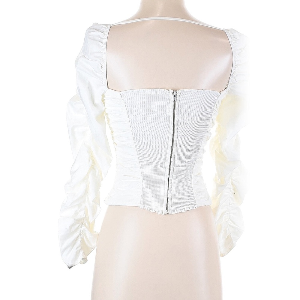 Reformation White Ruched Bustier Long Sleeve Bodysuit